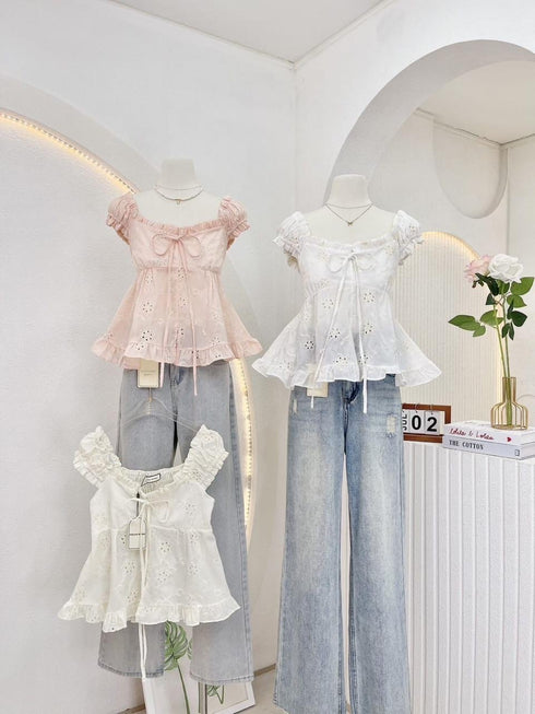 Embroider Cotton Peplum Tops